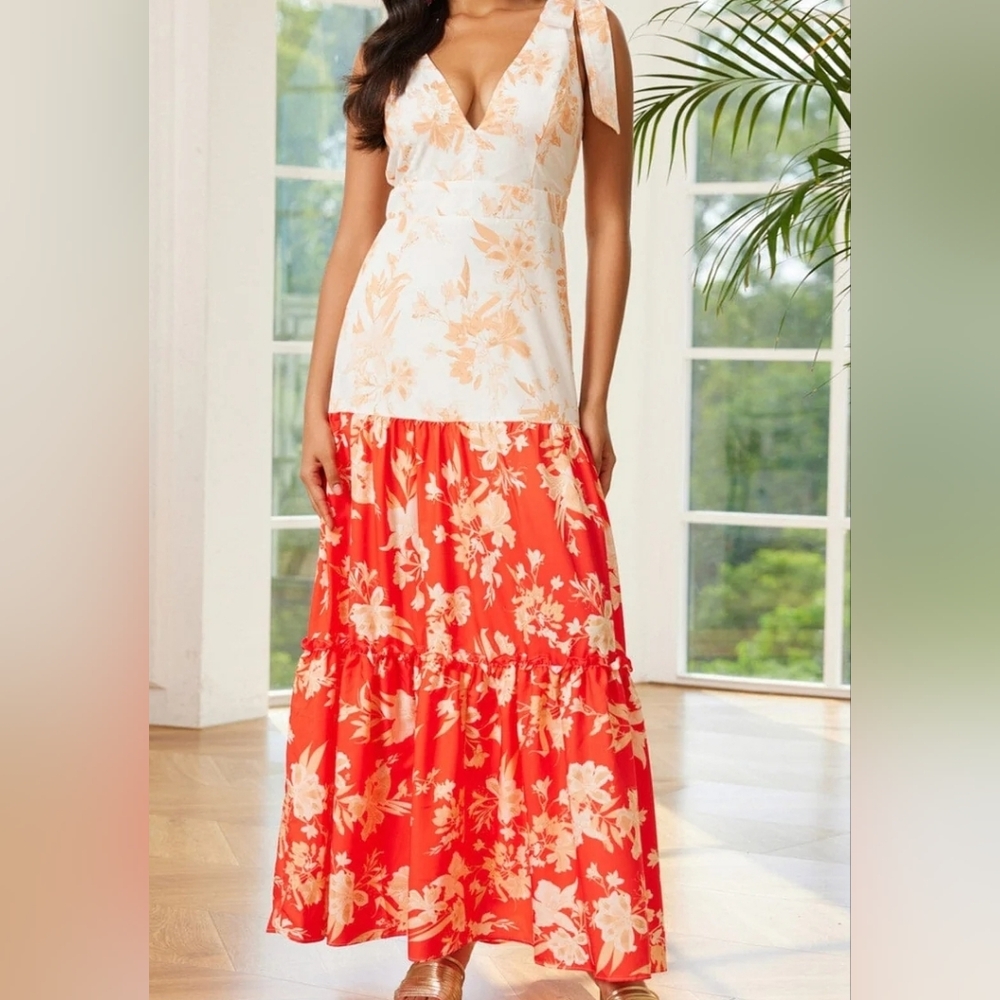 Chicways Boutique Floral Maxi Dress with V-Neck Size M New Colorblock Tiered‎